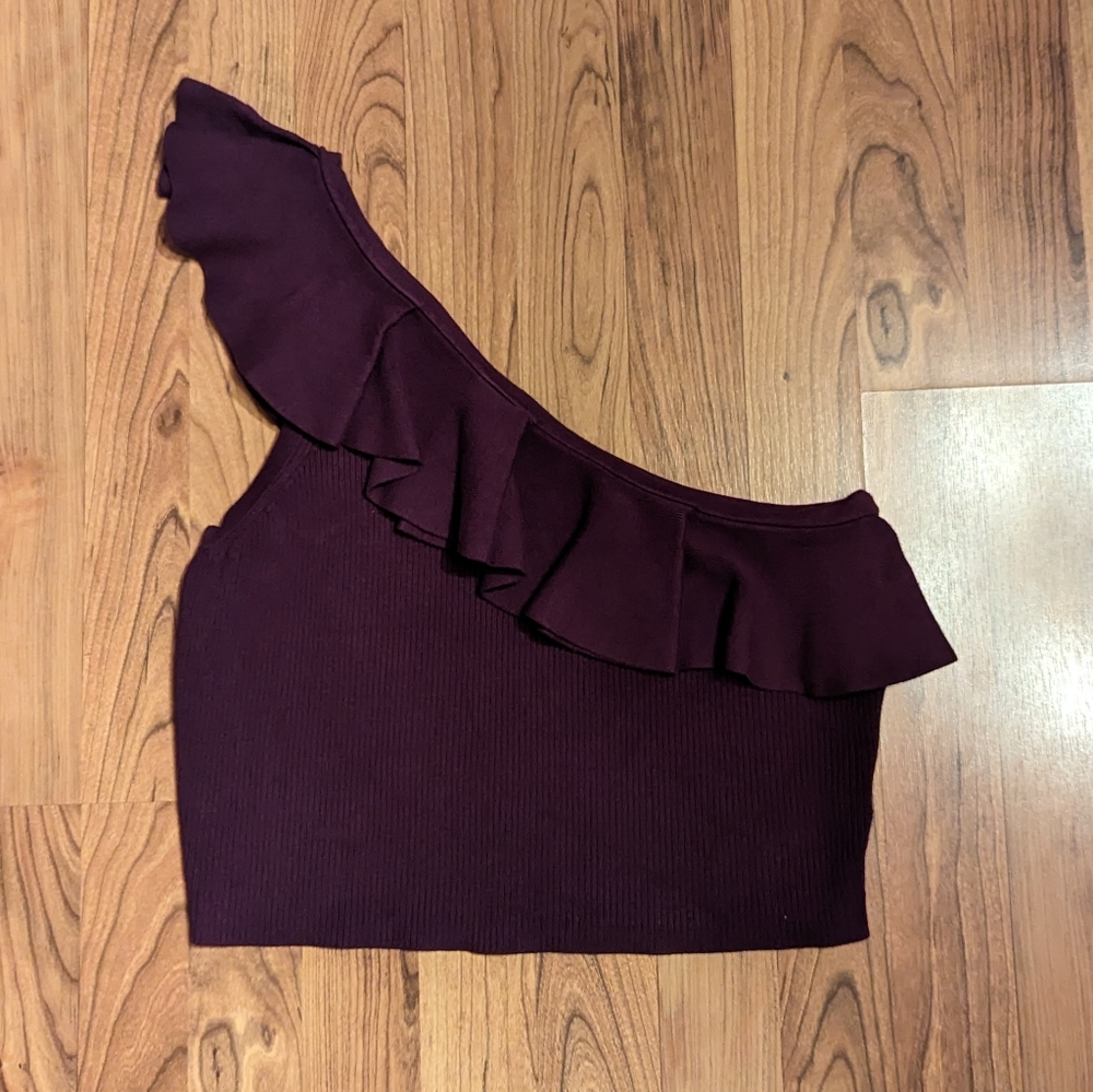 Express One Shoulder Knit Crop Top in Merlot, Size XL - Picture 3 of 8